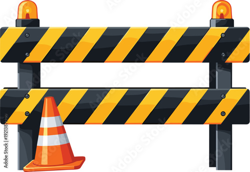 Construction barrier with orange traffic cone and flashing lights road safety