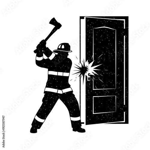 Firefighter breaking down a door with an axe, silhouette, distressed effect