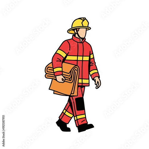 Firefighter carrying blankets, emergency rescuer, safety equipment, protection uniform
