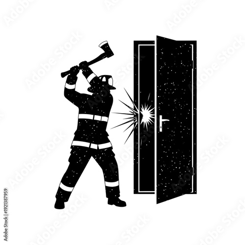 Firefighter breaking down door with axe, silhouette, emergency rescue