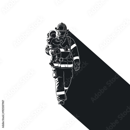 Firefighter Carrying Child Silhouette with Long Shadow