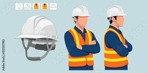 Construction Worker Safety Gear and Uniforms Vector Illustration Keywords: construction, worker, safety, gear, uniform, hard hat