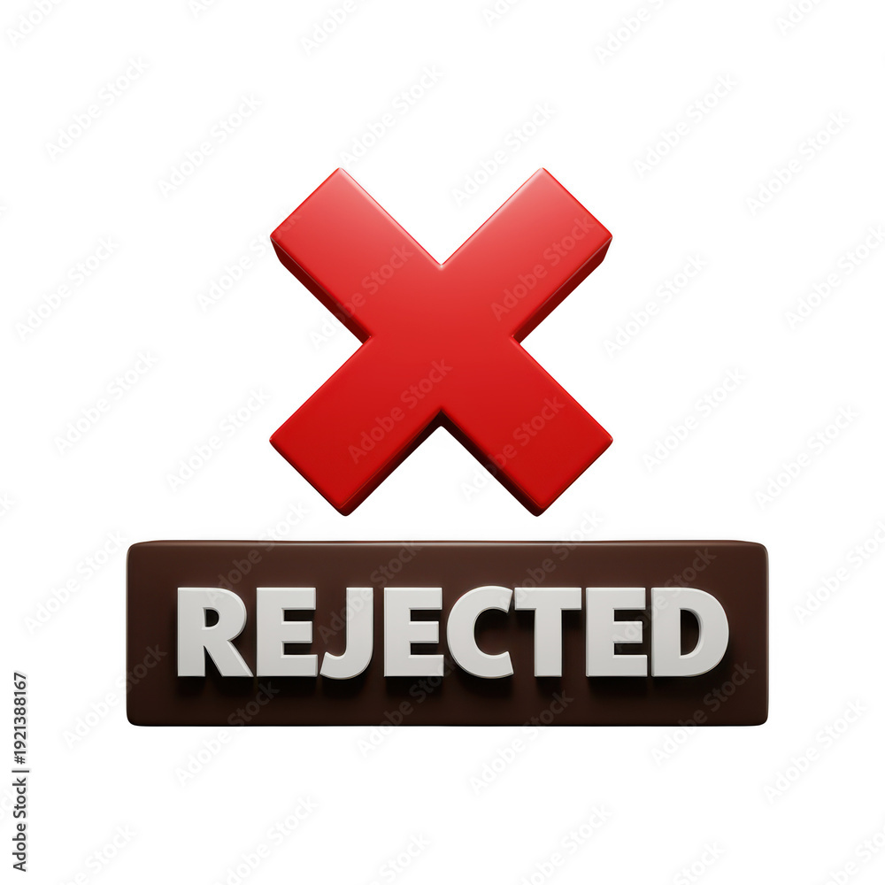 Obraz premium A bold red cross symbol with the word rejected underneath indicating refusal or denial. isolated on white background