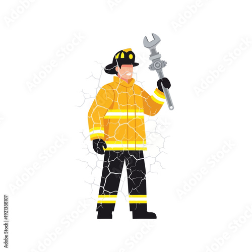 Firefighter holding wrench, graphic illustration