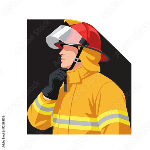 Firefighter in protective gear, profile view, ready for action