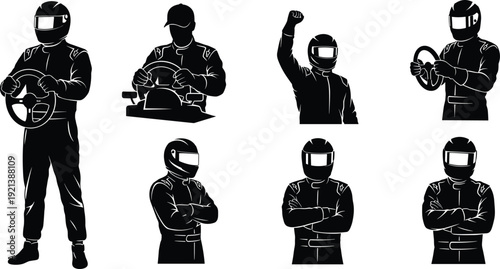 Black and white racing driver silhouettes with various poses helmet