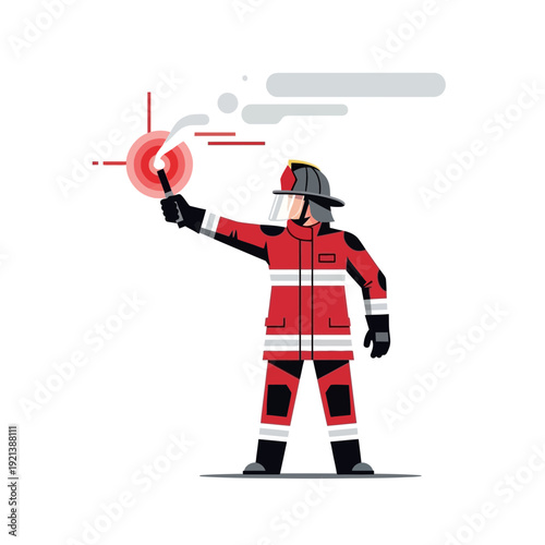 Firefighter holding red flare signal, emergency alert, safety warning