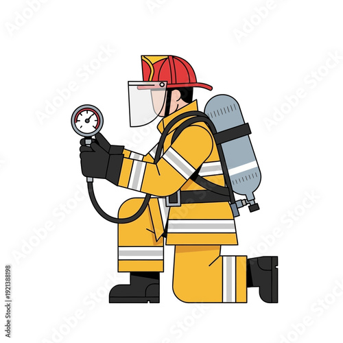 Firefighter Kneeling with Pressure Gauge and Air Tank