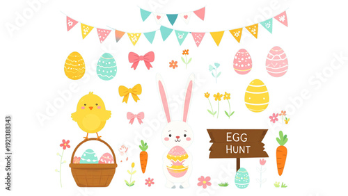 Cute Easter Bunny and Spring Elements Flat Vector Set with Eggs, Chick, Carrot, Flowers and Egg Hunt Sign