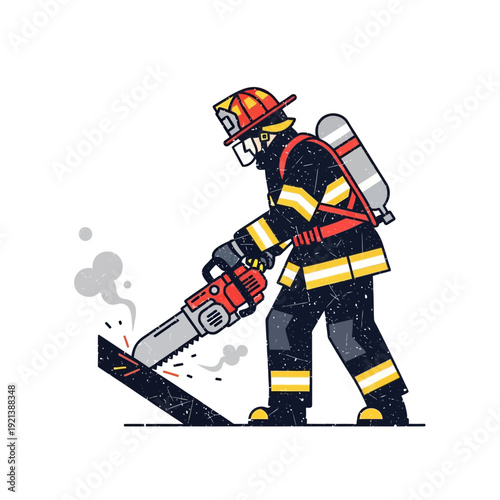 Firefighter using chainsaw, rescue operation illustration