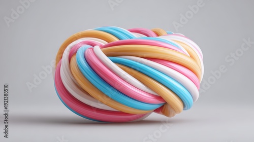 A colorful twisted knot made of soft, tubular materials, showcasing bright hues of pink, blue, yellow, and white, This image can be used for creative design, art projects, or playful branding,