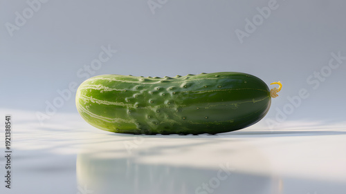 A fresh green cucumber on a clean white surface with a light grey background