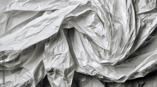 A close-up of crumpled white paper creates a textured surface that conveys themes of chaos and simplicity, Ideal for backgrounds, design projects, or illustrations focusing on minimalism,