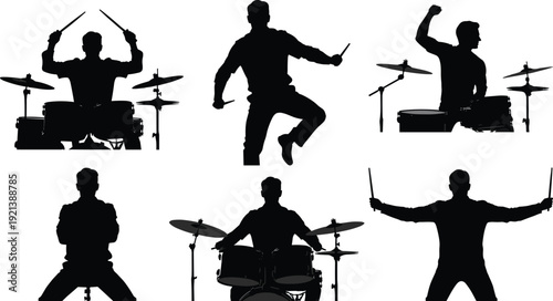 Black silhouettes of men playing drums and dancing with drumsticks drummers drum sets