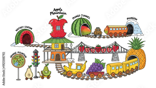 Whimsical Fruit Train Adventure: An imaginative illustration of a fruit-themed train journey through a vibrant landscape, showcasing an array of creative fruit structures and playful elements.
