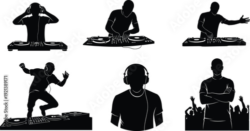Black silhouettes of men wearing headphones and operating dj equipment turntables