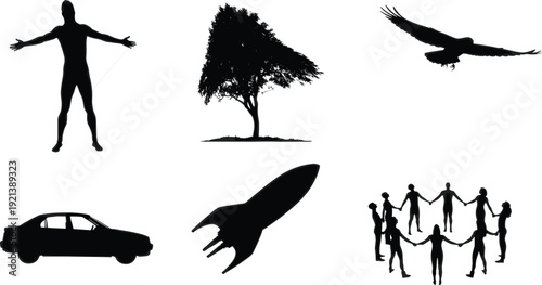 Black silhouettes of people tree car rocket and bird white background