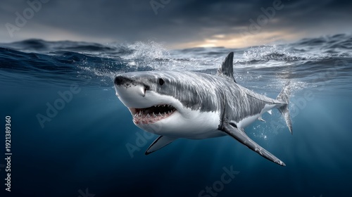 Great white shark swimming in the ocean displaying sharp teeth and powerful presence