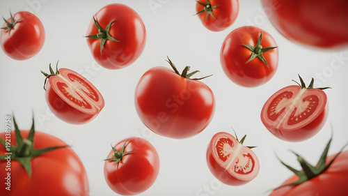 Fresh tomatoes floating in mid-air on a clean white background