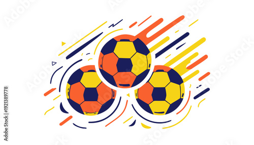 Dynamic trio of soccer balls in motion with speed lines and energetic composition, representing fast gameplay, teamwork coordination, and unstoppable athletic performance on the field.