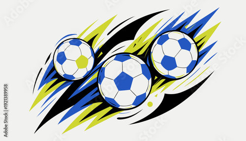Dynamic trio of soccer balls in motion with speed lines and energetic composition, representing fast gameplay, teamwork coordination, and unstoppable athletic performance on the field.