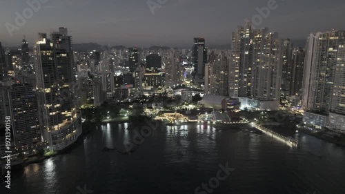Panama City Skyline at Sunset Aerial View with Modern Skyscrapers and Pacific Ocean