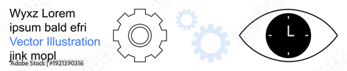 Workflow, productivity, innovation, mechanical processes, vision time management. A gear with clock and eye icons. Workflow and productivity. Line metaphor. Simple line icons
