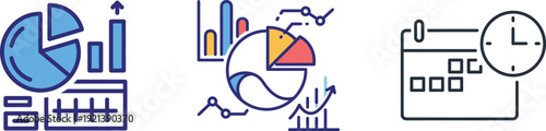 Business analytics graphs and scheduling icons for data analysis and planning