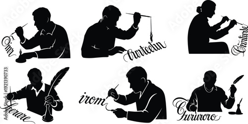Black silhouettes of people writing with calligraphy tools brush pens quill pens