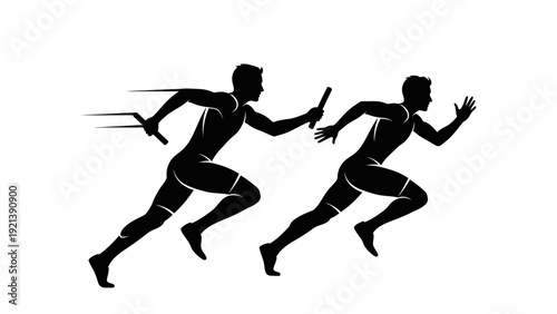Two athletes running with relay baton.
