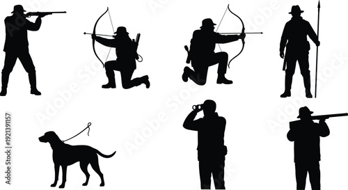 Black silhouettes of hunters with bows guns and dog white background