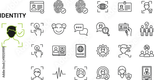 Identity verification and security icons with fingerprint and face recognition vector illustration