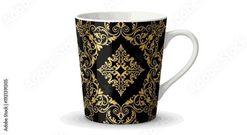 Ornate coffee mug with intricate gold designs on a black background, viewed from the side