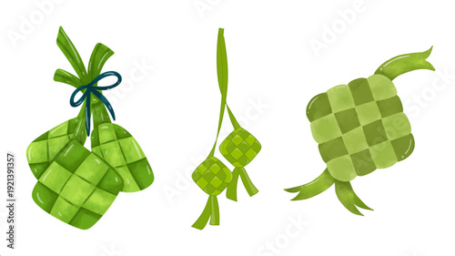 Vector illustration of green leaves on a white background featuring a zen bamboo plant concept with isolated nature icons for tree and flower symbols