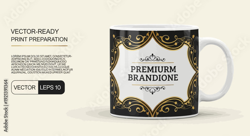 Elegant white coffee mug with luxury brand design on a plain background from a front viewpoint