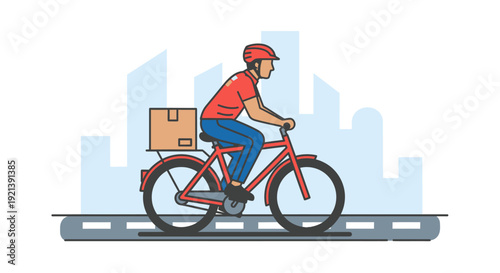 Delivery Man Riding Bicycle in City.