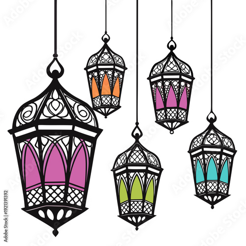 Colorful lanterns hanging from strings Vector