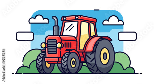 Red Tractor on Green Field.