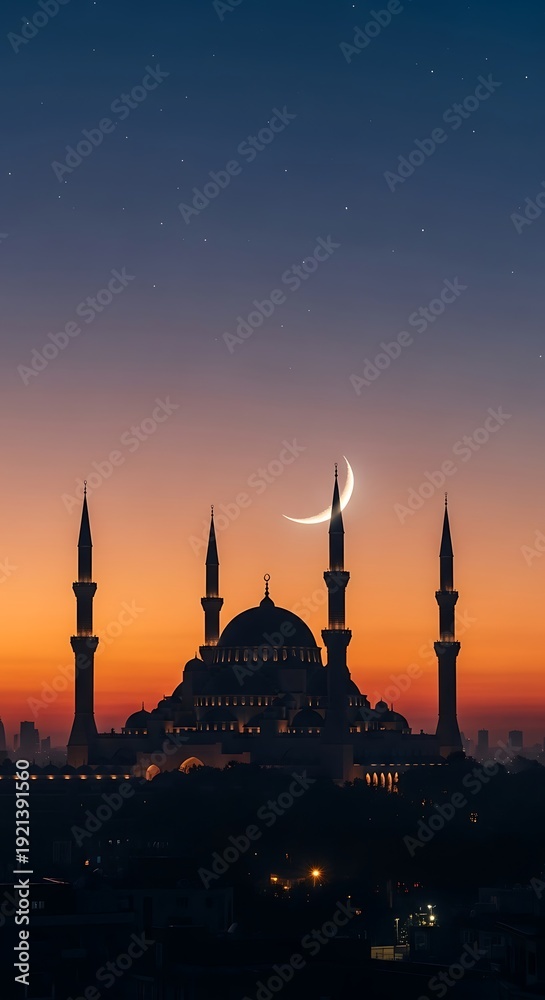 Fototapeta premium Mosque silhouette at sunset with crescent moon.