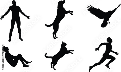 Black silhouettes of people and animals in various poses
