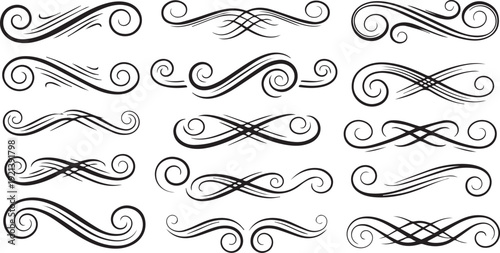 Collection of elegant hand-drawn ornamental swirl elements featuring decorative flourishes, vintage curves and graceful flowing lines. Includes symmetrical and asymmetrical swirl designs 