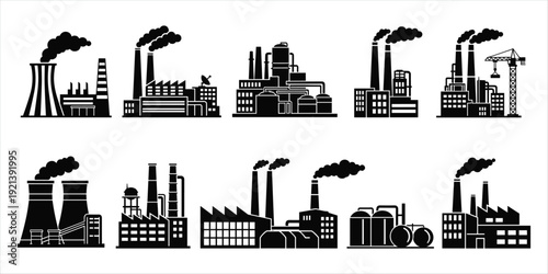 Industrial factory silhouettes with smoke stacks and cranes building