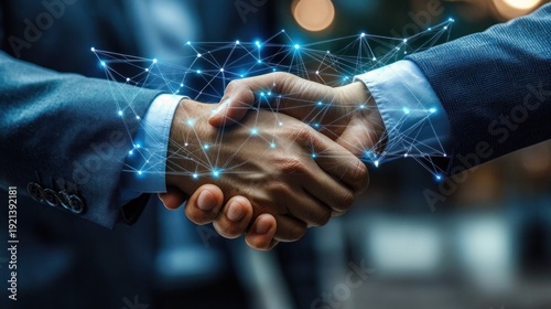 Two suited professionals shaking hands with glowing digital network overlay, conveying trust, partnership and futuristic collaboration