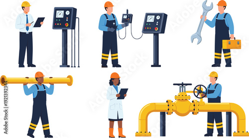 Industrial Workers and Equipment in a Factory Setting Keywords: industrial, workers, factory, equipment, machinery, tools
