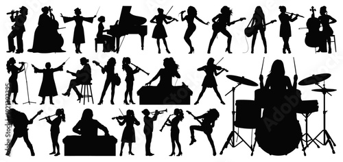 Female Musician Silhouettes Big Collection with Band Members and Musical Instruments on Transparent Background