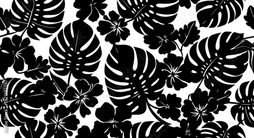 Black tropical leaves on white background.