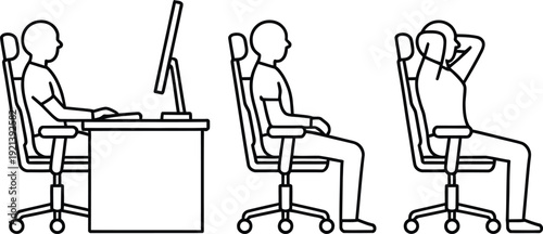 Illustration of a person sitting at a desk with different sitting postures.