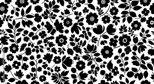 Black floral pattern on white background.