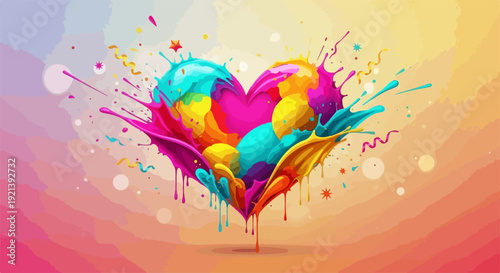 Vibrant colorful heart with paint splashes and drips on a gradient background symbolizing love and creativity