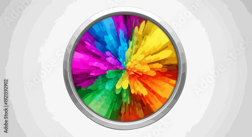 Vibrant color whisk graphic with multicolored powder explosion in a circular motion on a white background for design and creativity